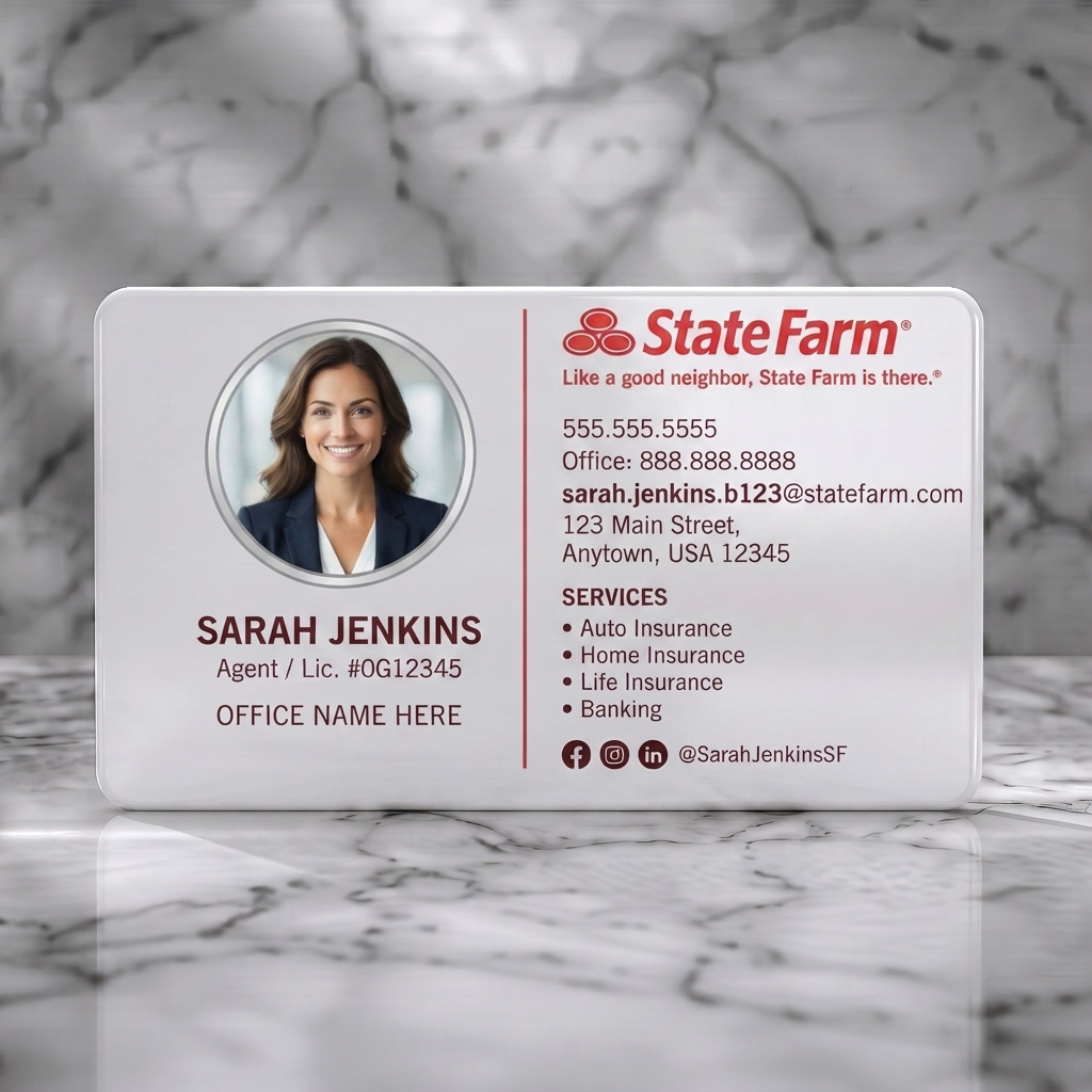 Solid white PVC business card featuring a modern layout with circular agent photo, State Farm red branding, sans-serif text, and social icons