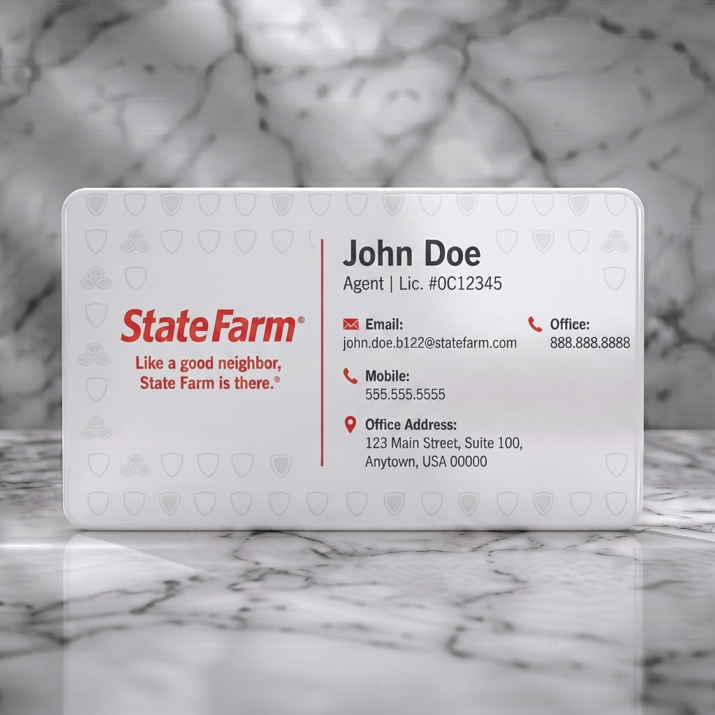 Solid white PVC business card featuring state Farm branded, red and white, with clean sans-serif text, contact icons, and shield watermark