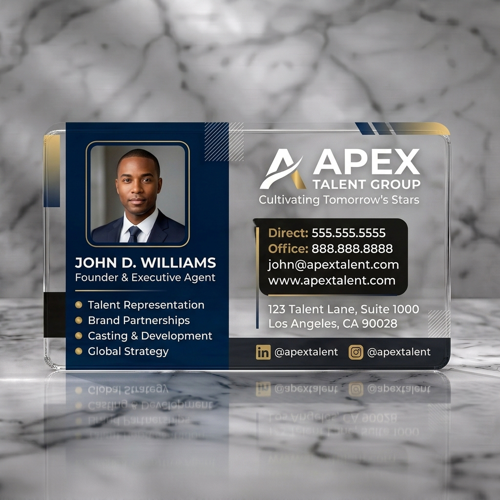Clear plastic business card featuring modern navy and gold design, crisp sans-serif fonts, a professional headshot, and social media icons