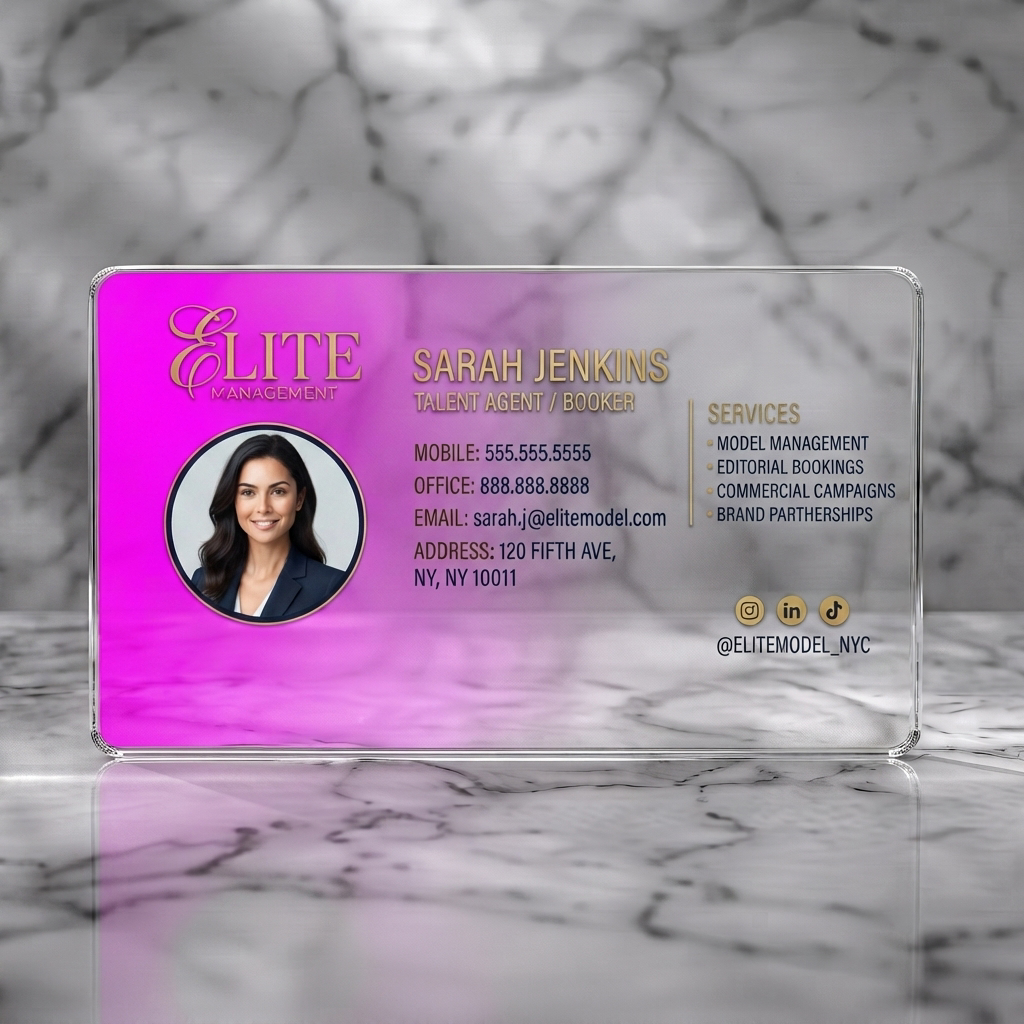 Clear plastic business card featuring a luxurious navy and gold theme, elegant typography, subtle geometric patterns, and social media icons