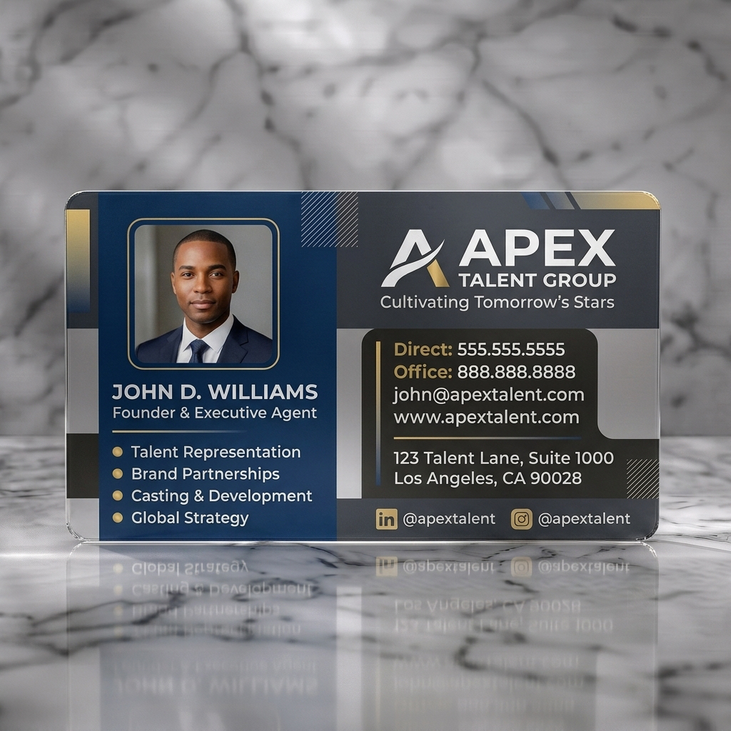 Frosted translucent plastic business card featuring modern navy and gold design, crisp sans-serif fonts, a professional headshot, and social media icons
