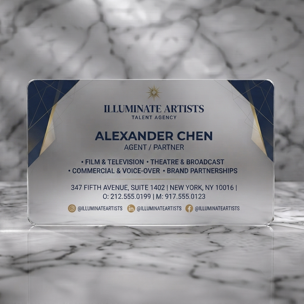 Frosted translucent plastic business card featuring modern geometric design with navy and gold accents, clean sans-serif typography, a sunburst logo, social media icons