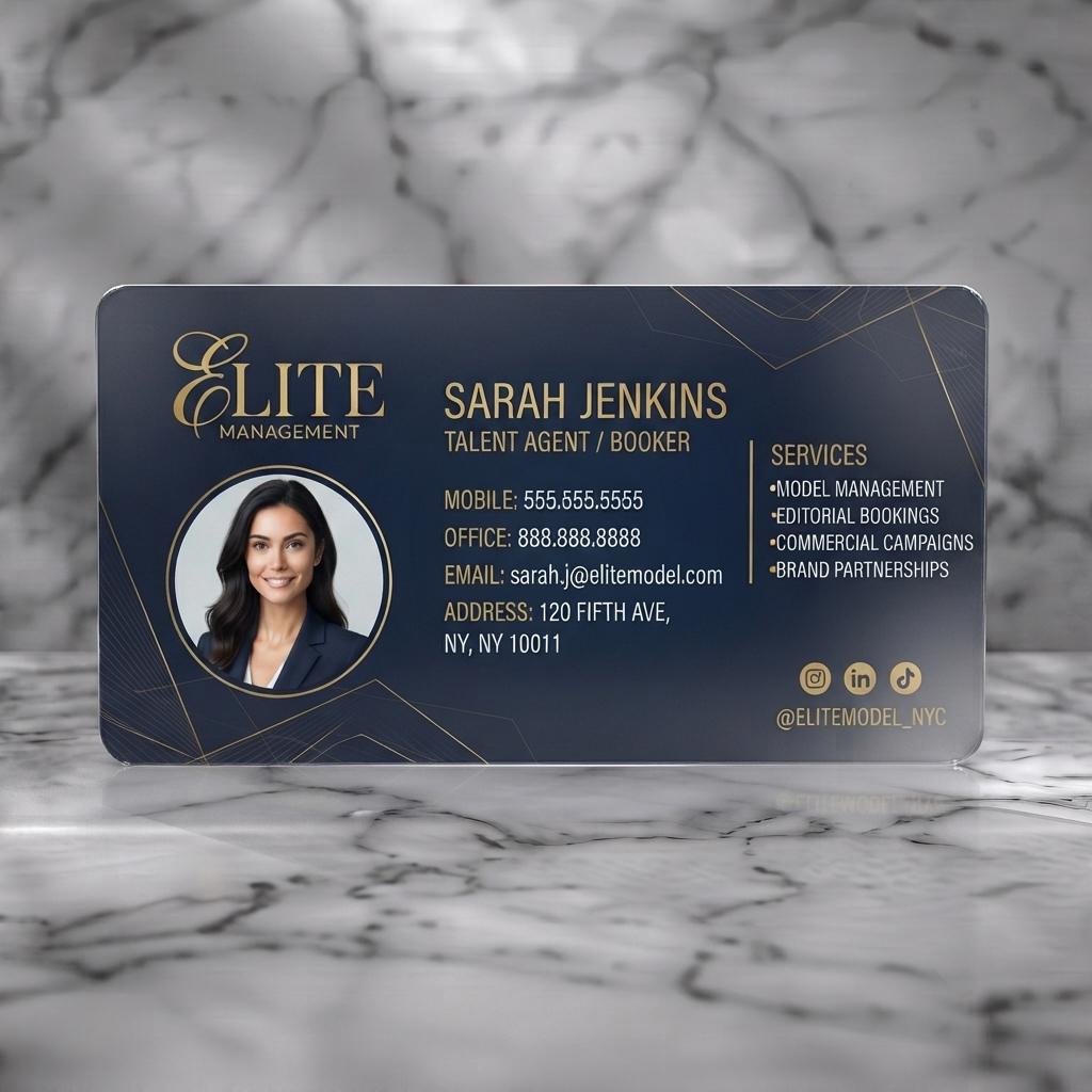 Frosted translucent plastic business card featuring a luxurious navy and gold theme, elegant typography, subtle geometric patterns, and social media icons