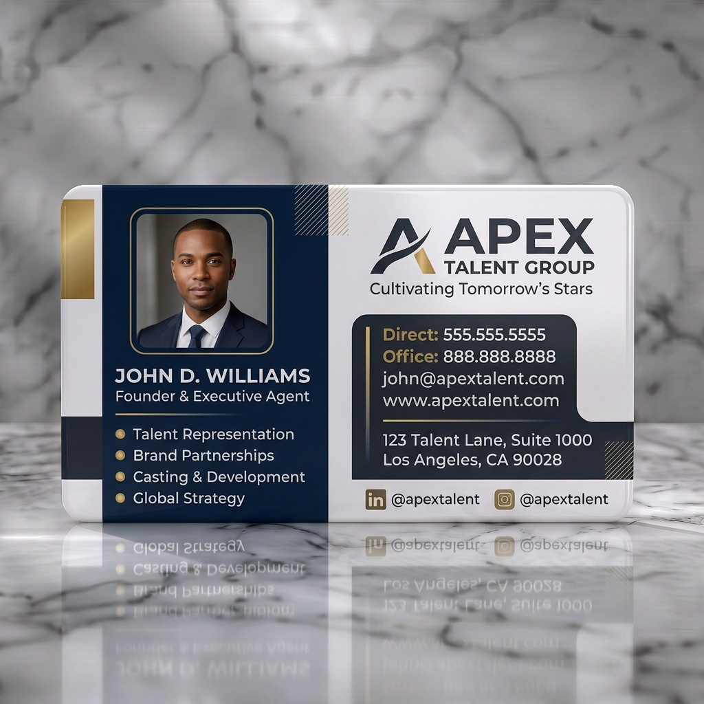 Solid white PVC business card featuring modern navy and gold design, crisp sans-serif fonts, a professional headshot, and social media icons