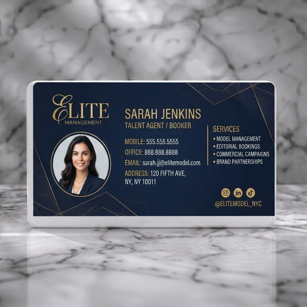 Solid white PVC business card featuring a luxurious navy and gold theme, elegant typography, subtle geometric patterns, and social media icons