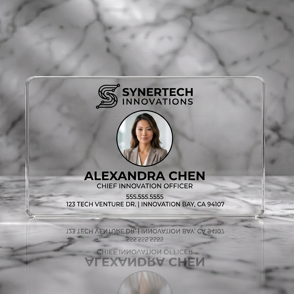 Clear plastic business card featuring dark indigo tech-circuit logo, modern sans-serif typography, and a professional circular headshot