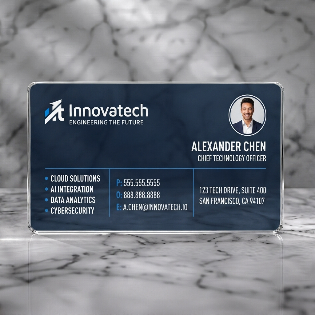 Clear plastic business card featuring a sleek dark blue design with white and light blue accents, modern sans-serif fonts, and an innovative logo
