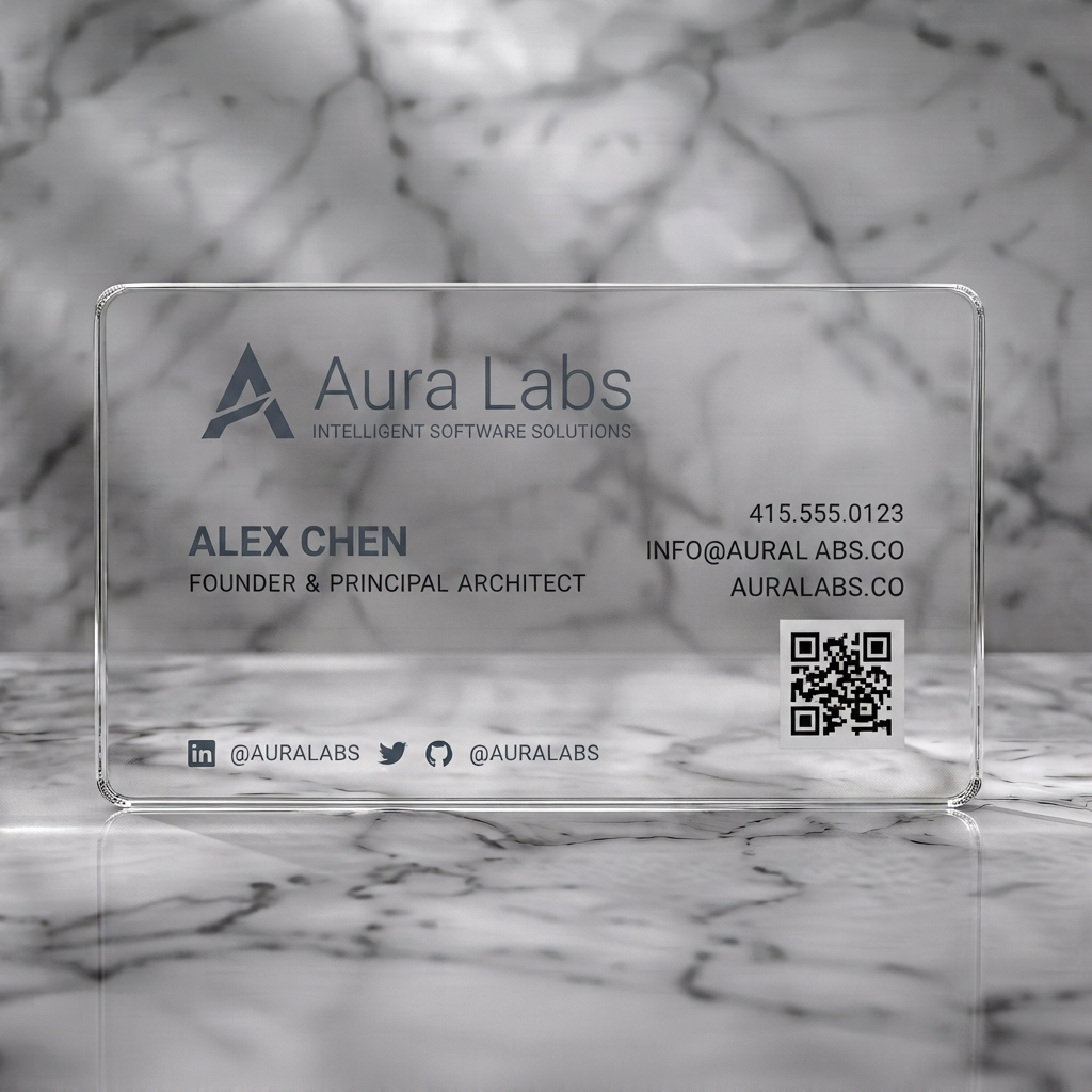 Clear plastic business card featuring a minimalist design with a dark gray geometric logo, clean sans-serif typography, and subtle light gray angular lines