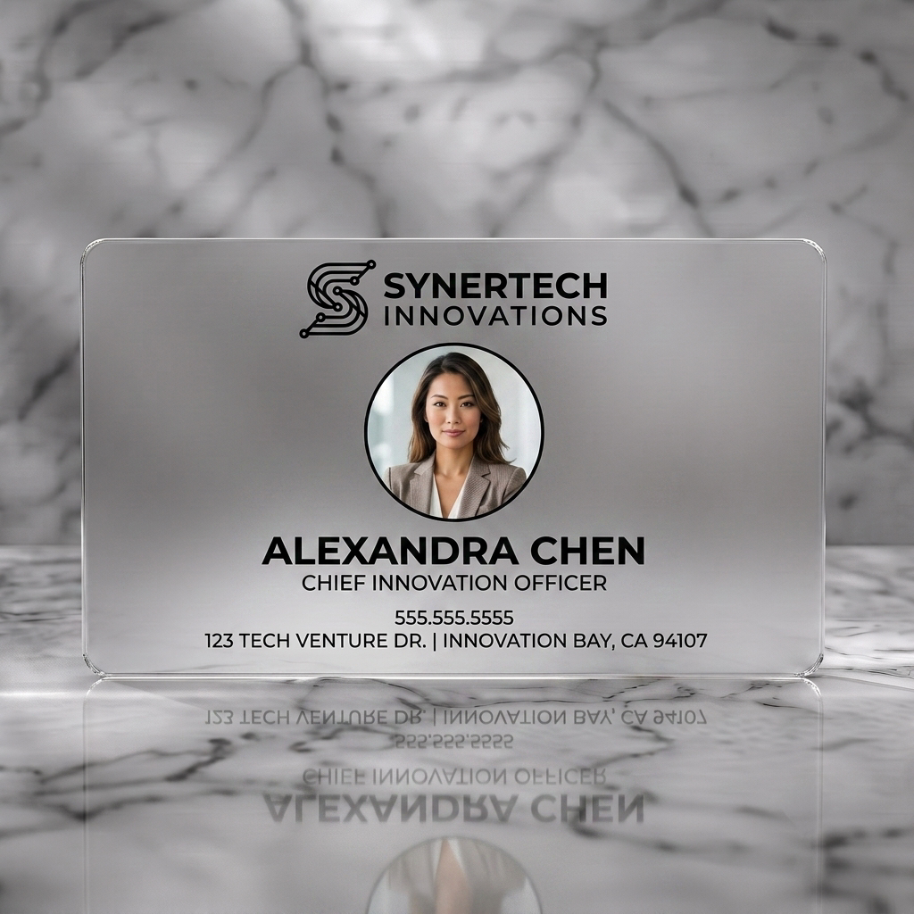 Frosted translucent plastic business card featuring dark indigo tech-circuit logo, modern sans-serif typography, and a professional circular headshot