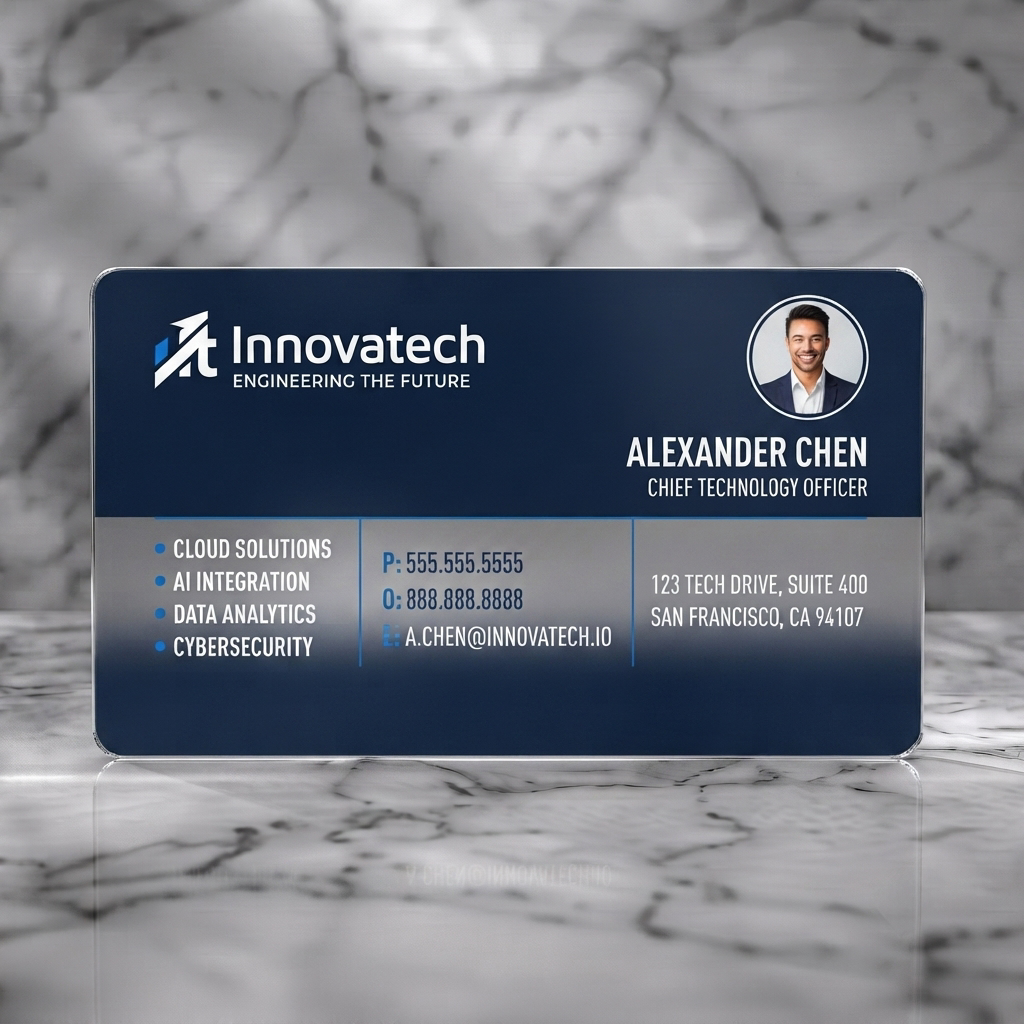 Frosted translucent plastic business card featuring a sleek dark blue design with white and light blue accents, modern sans-serif fonts, and an innovative logo