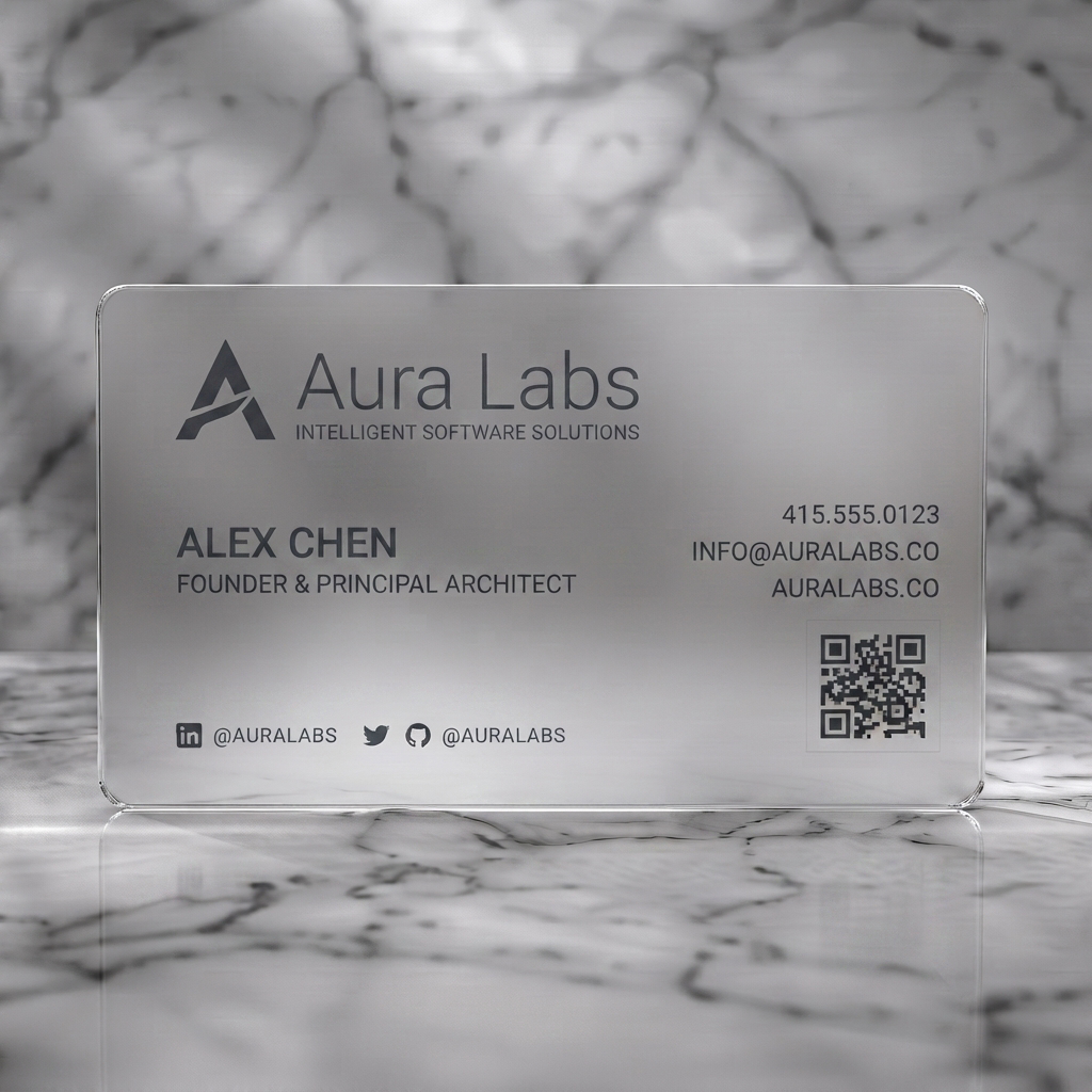 Frosted translucent plastic business card featuring a minimalist design with a dark gray geometric logo, clean sans-serif typography, and subtle light gray angular lines