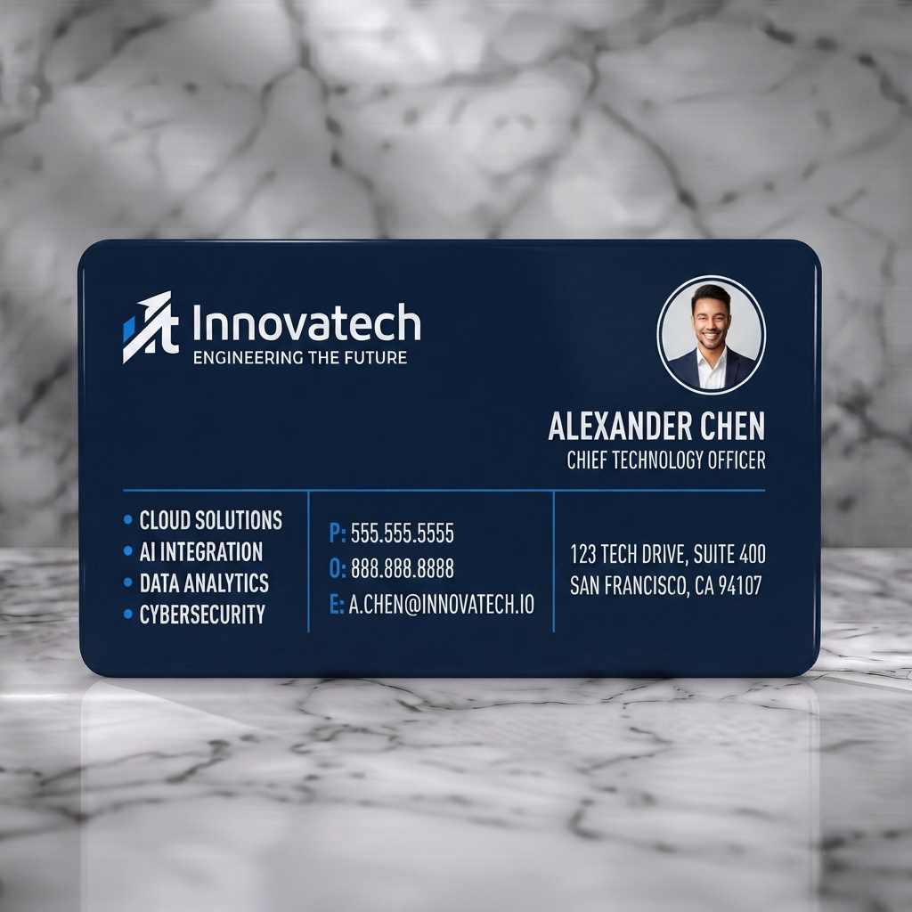 Solid white PVC business card featuring a sleek dark blue design with white and light blue accents, modern sans-serif fonts, and an innovative logo