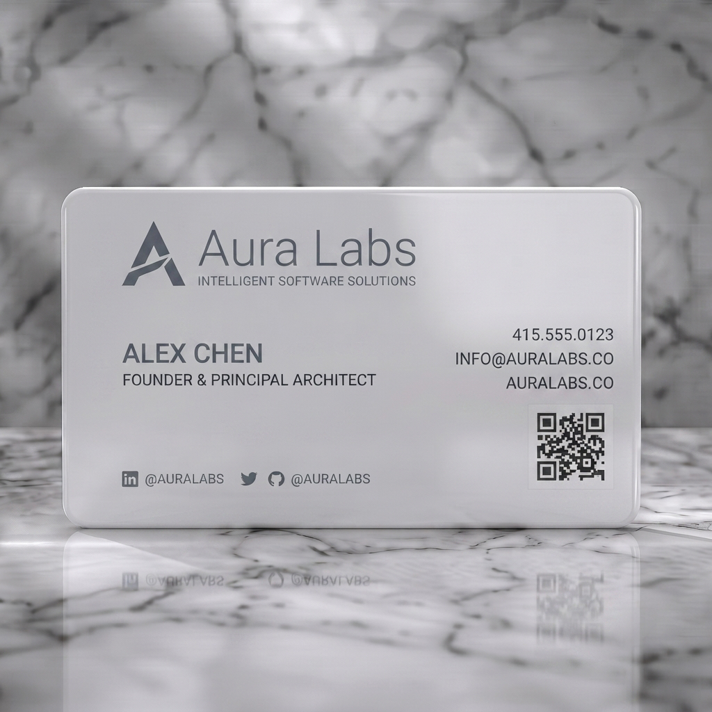 Solid white PVC business card featuring a minimalist design with a dark gray geometric logo, clean sans-serif typography, and subtle light gray angular lines