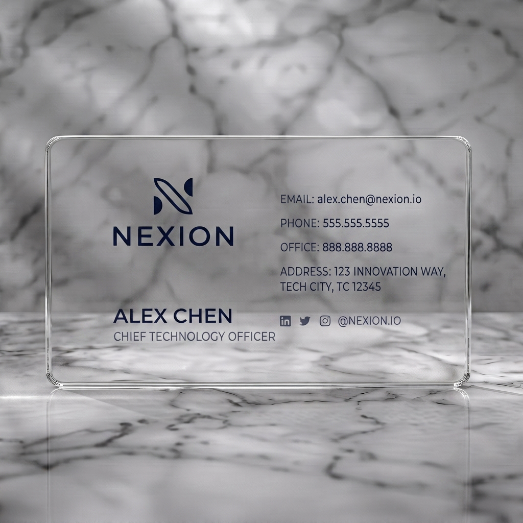 Clear plastic business card featuring minimalist design featuring a navy Nexion logo, clean sans-serif typography, and social icons