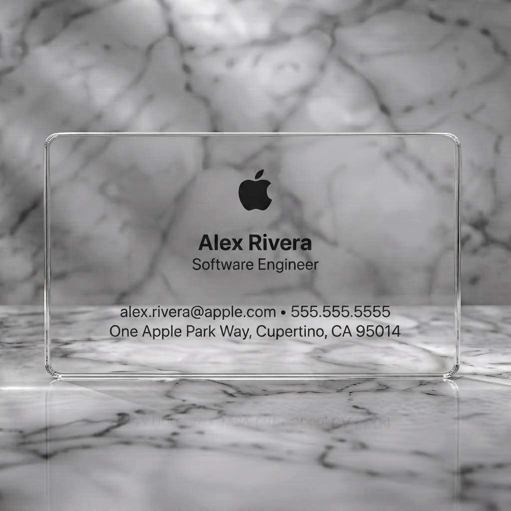 Clear plastic business card featuring a crisp, minimalist layout, black Apple logo, modern sans-serif typography, and clear contact info