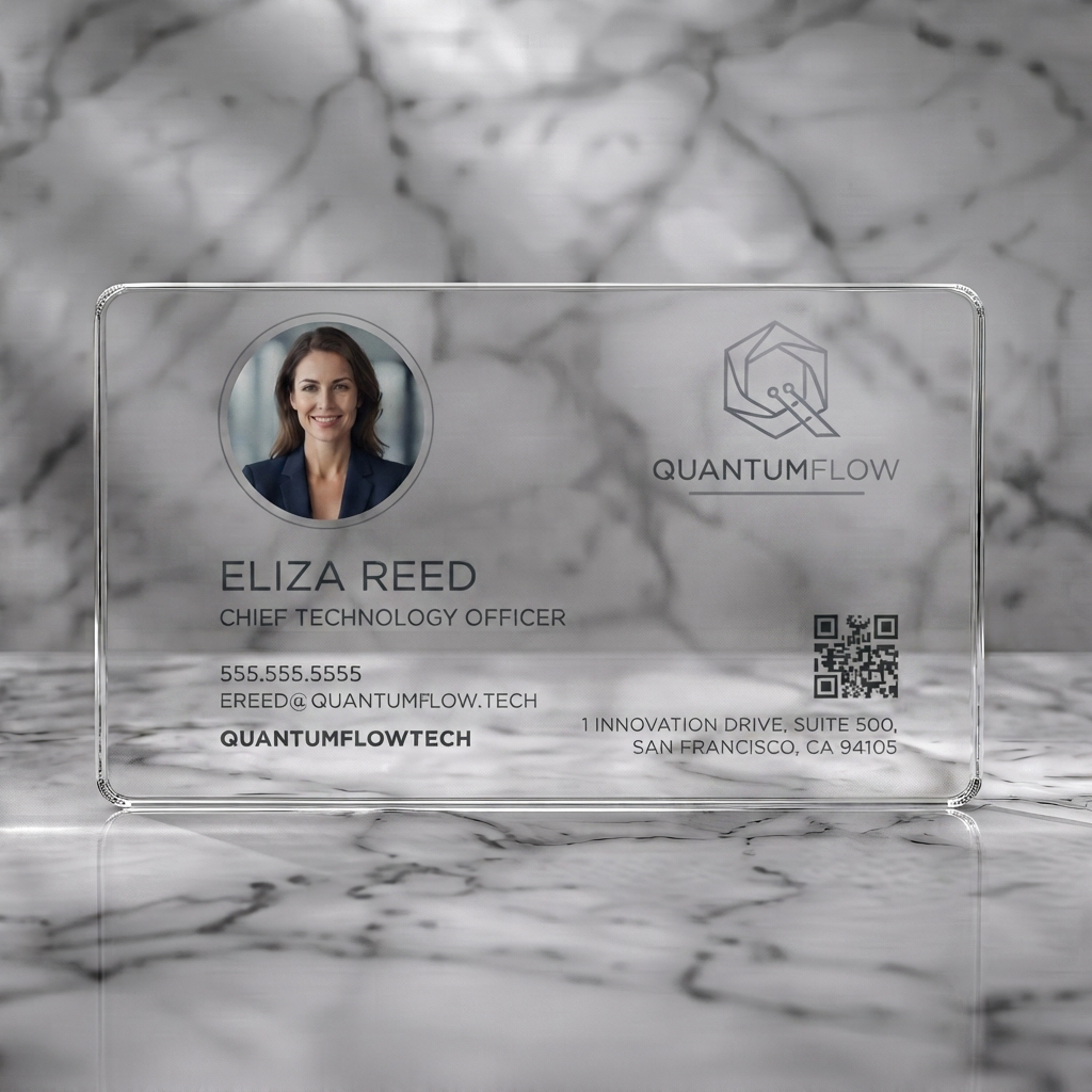 Clear plastic business card featuring clean, modern layout, gray geometric tech logo, sans-serif typography, professional photo, QR code