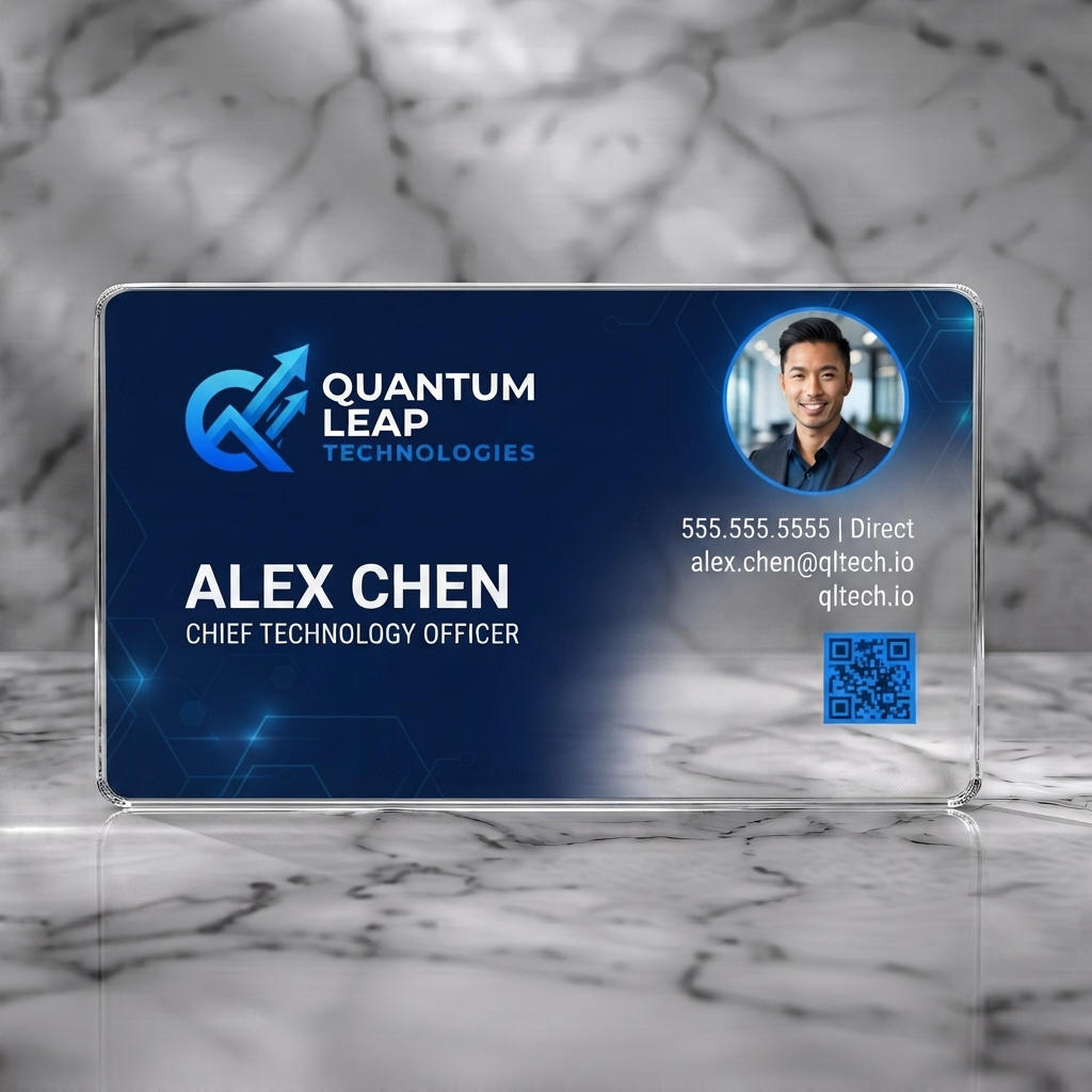 Clear plastic business card featuring a modern dark blue tech design with a blue gradient logo, clean sans-serif typography, and a profile photo