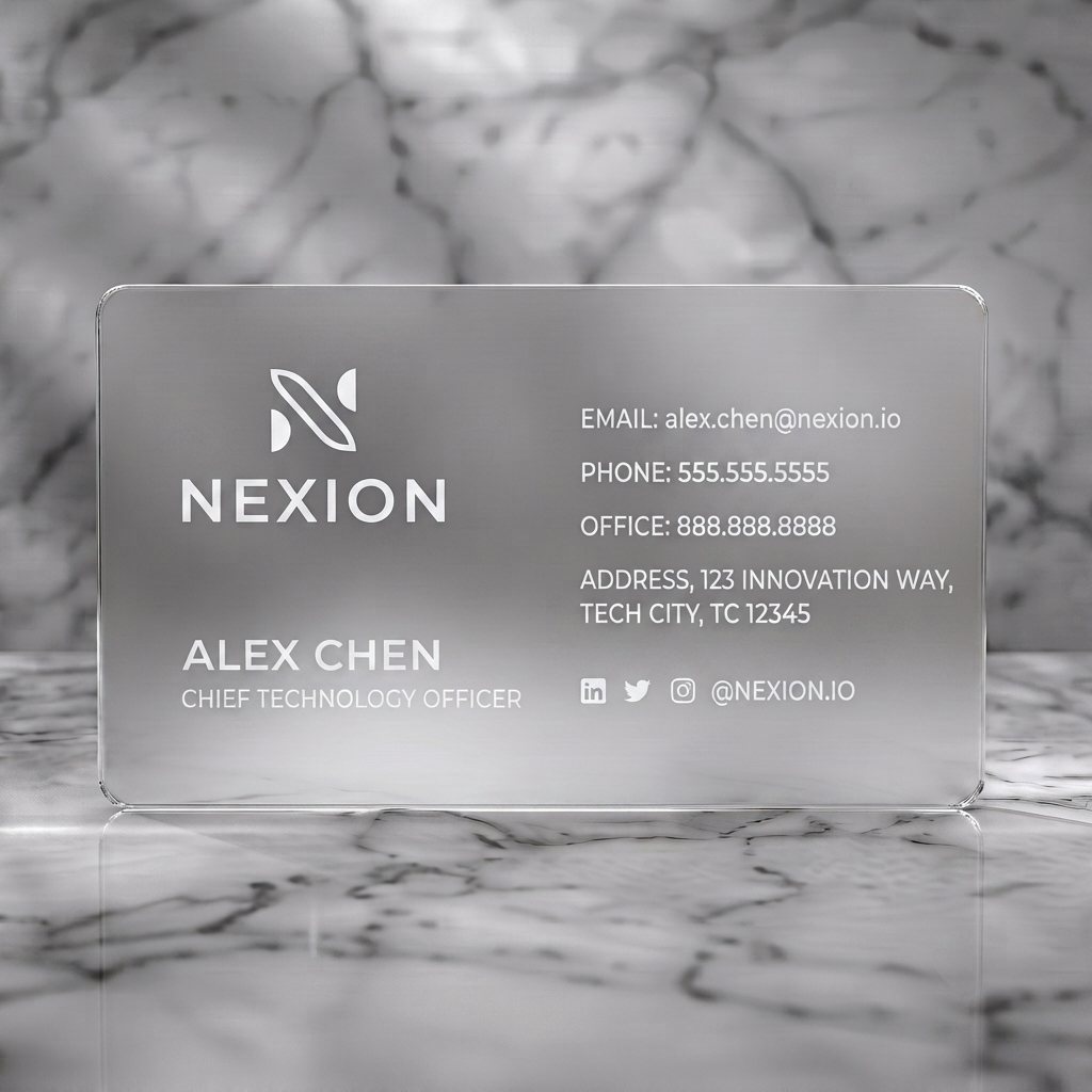Frosted translucent plastic business card featuring minimalist design featuring a navy Nexion logo, clean sans-serif typography, and social icons