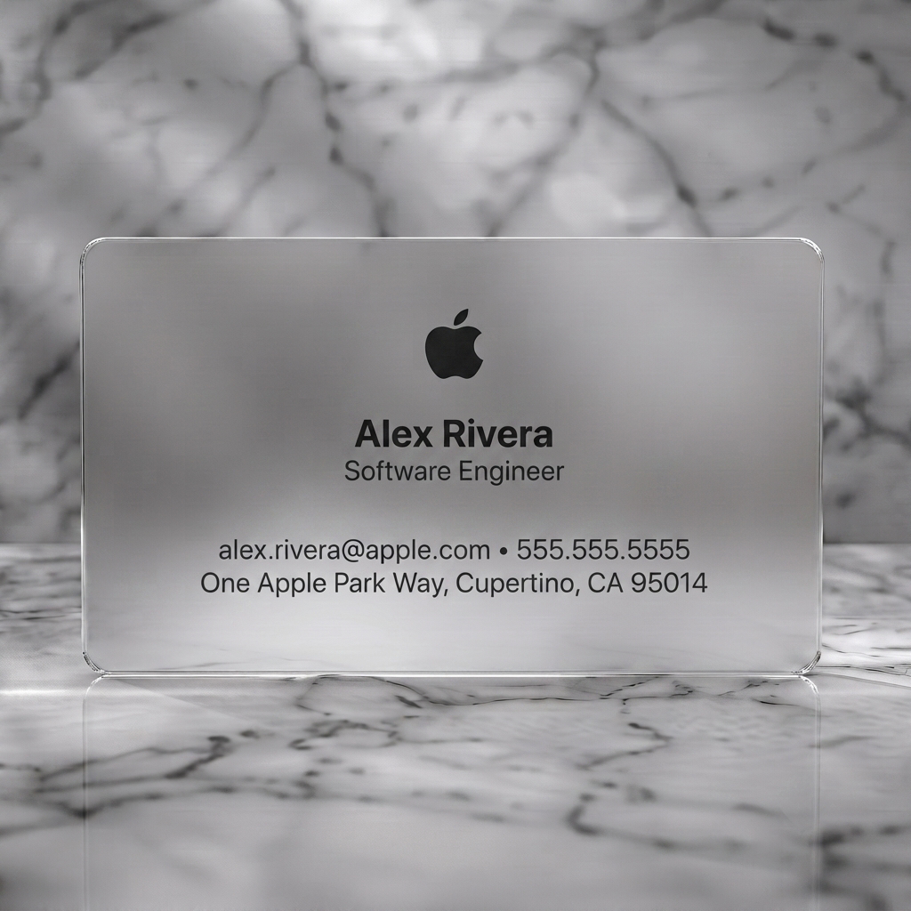 Frosted translucent plastic business card featuring a crisp, minimalist layout, black Apple logo, modern sans-serif typography, and clear contact info