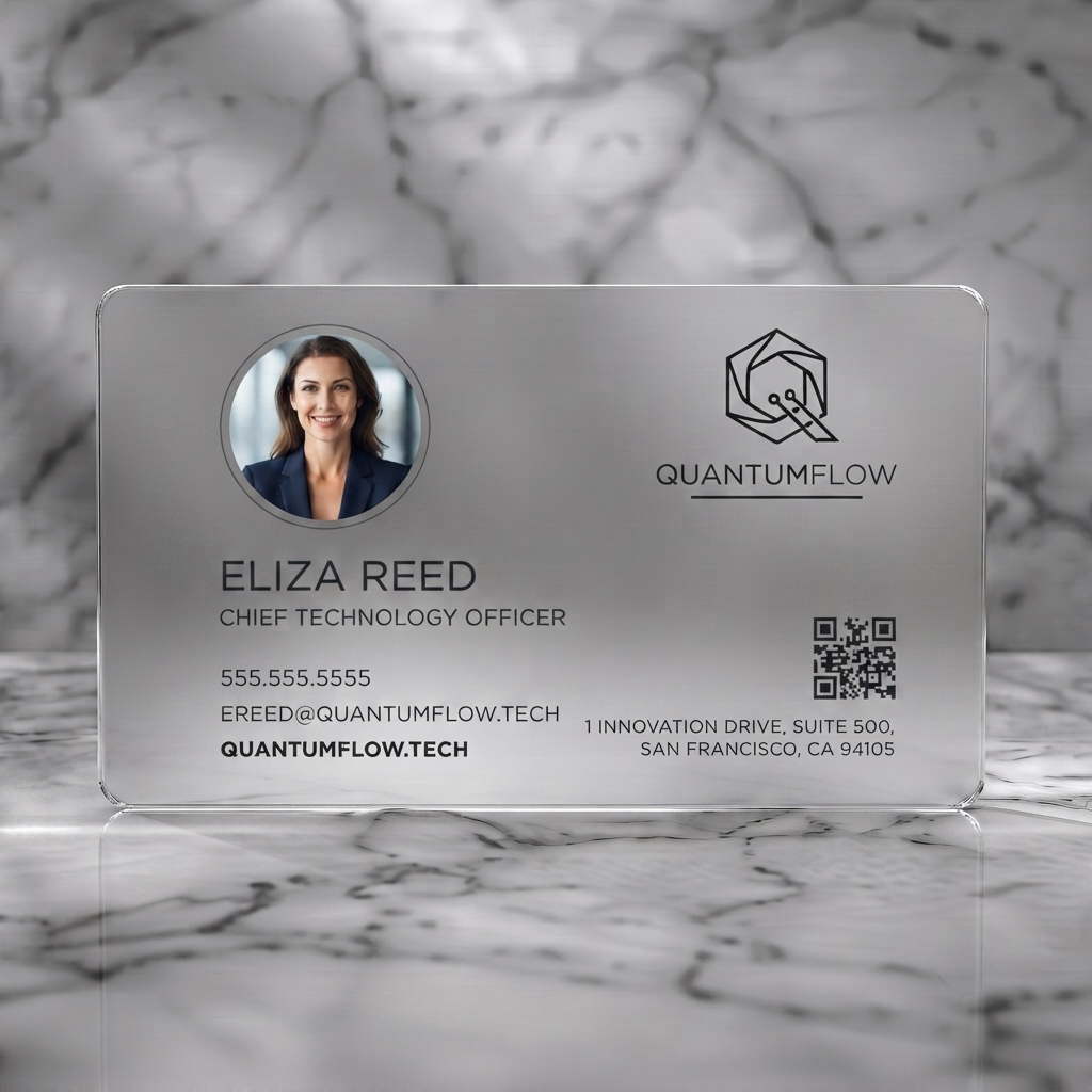 Frosted translucent plastic business card featuring clean, modern layout, gray geometric tech logo, sans-serif typography, professional photo, QR code