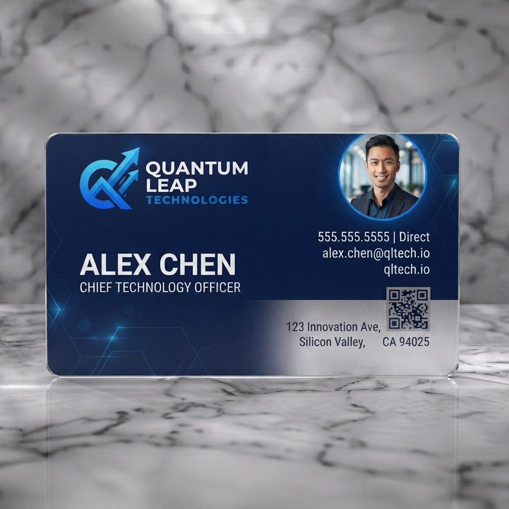Frosted translucent plastic business card featuring a modern dark blue tech design with a blue gradient logo, clean sans-serif typography, and a profile photo