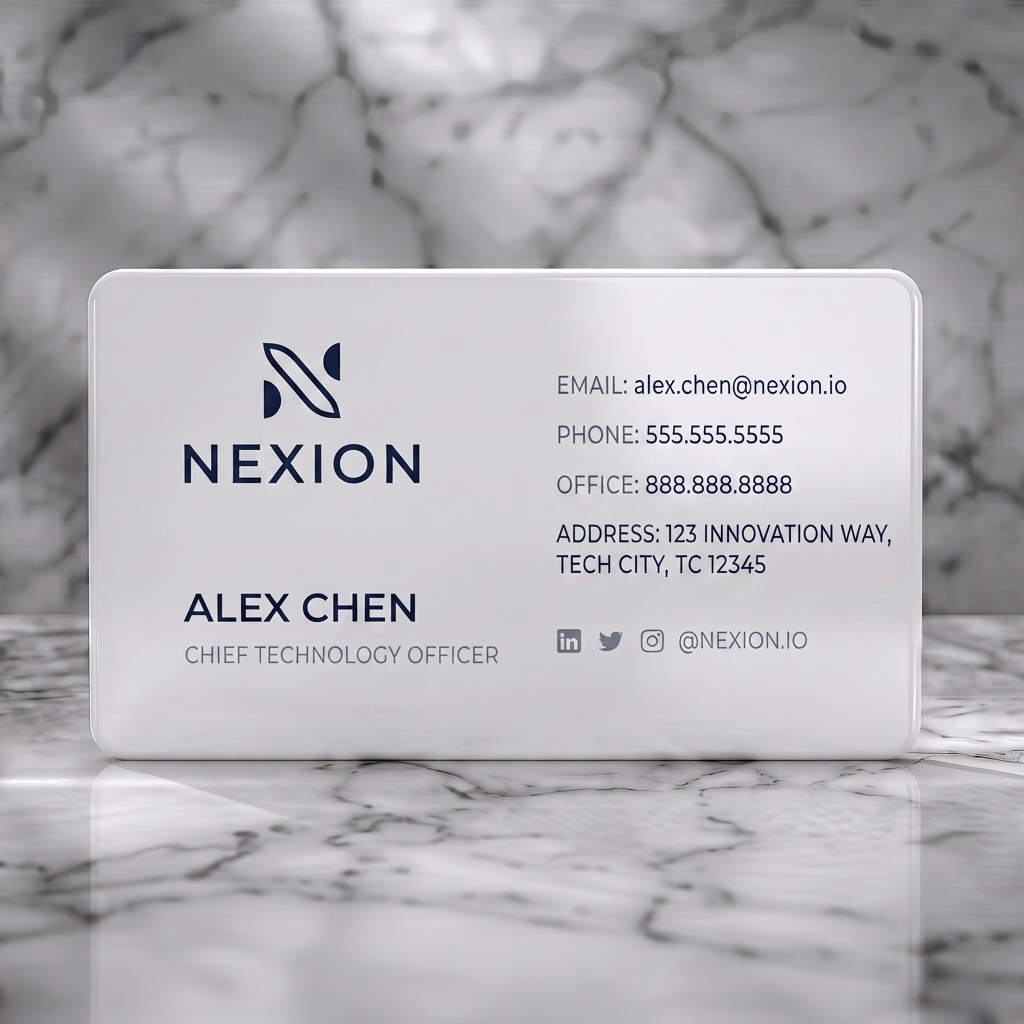 Solid white PVC business card featuring minimalist design featuring a navy Nexion logo, clean sans-serif typography, and social icons
