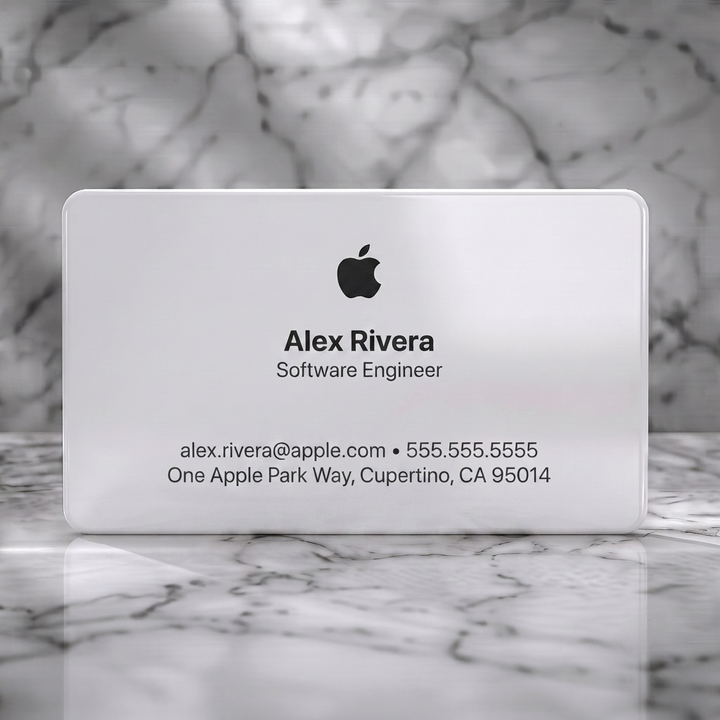 Solid white PVC business card featuring a crisp, minimalist layout, black Apple logo, modern sans-serif typography, and clear contact info