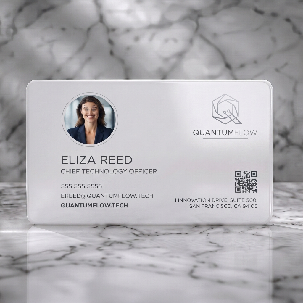 Solid white PVC business card featuring clean, modern layout, gray geometric tech logo, sans-serif typography, professional photo, QR code