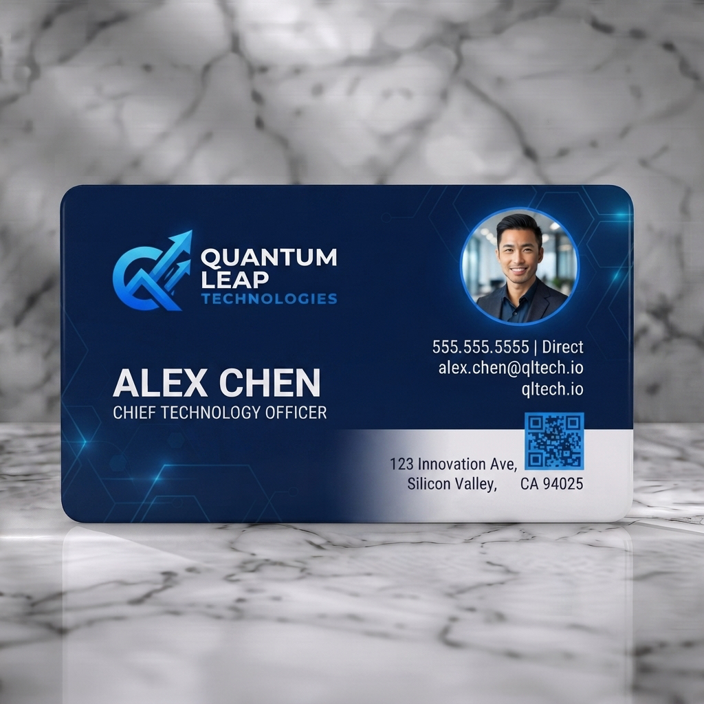 Solid white PVC business card featuring a modern dark blue tech design with a blue gradient logo, clean sans-serif typography, and a profile photo