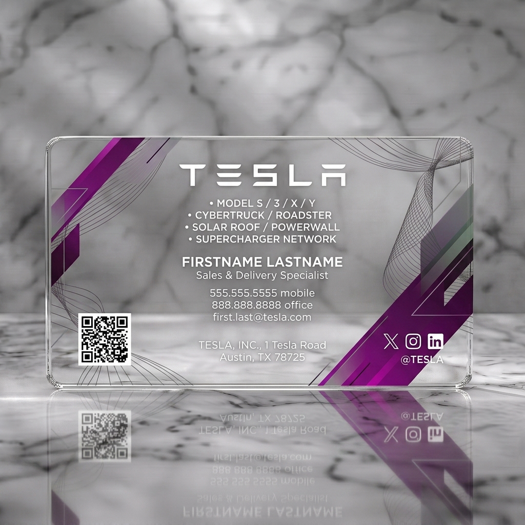 Clear plastic business card featuring futuristic geometric graphics, crisp white Tesla branding, modern sans-serif typography, and key contact icons