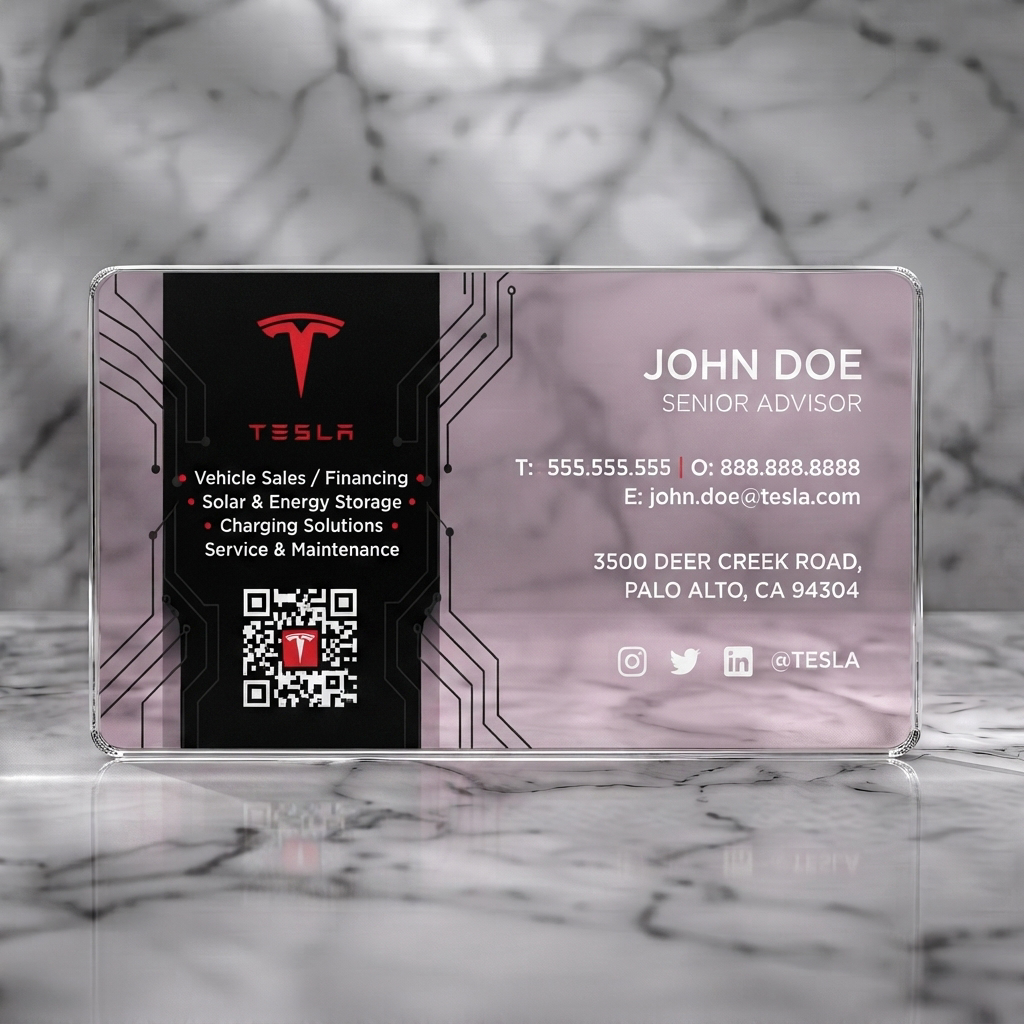 Clear plastic business card featuring a modern black design with tech circuit patterns, red Tesla logo, clean white typography, and social icons