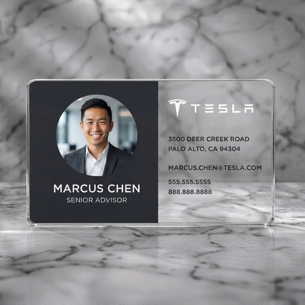 Clear plastic business card featuring modern two-tone design with Tesla logo, sans-serif text, and a prominent employee photo