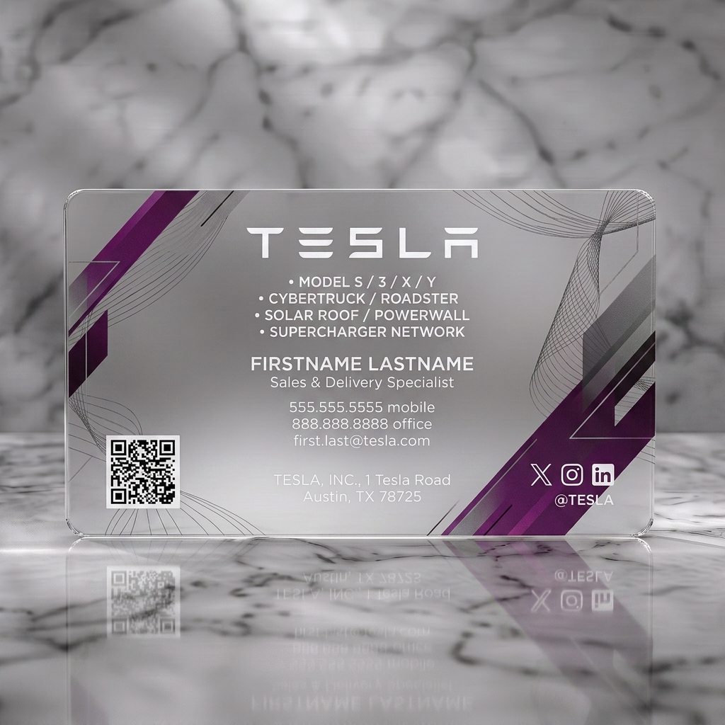 Frosted translucent plastic business card featuring futuristic geometric graphics, crisp white Tesla branding, modern sans-serif typography, and key contact icons