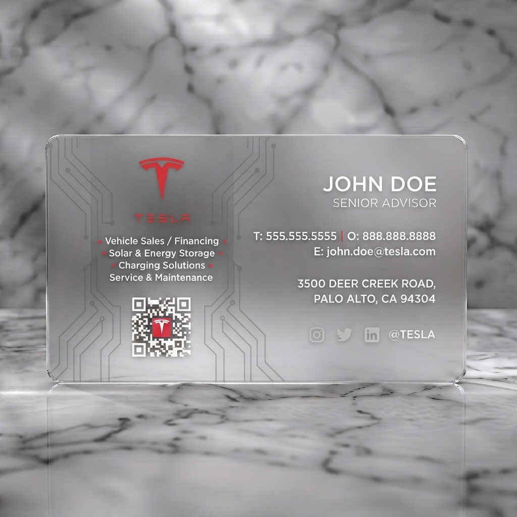 Frosted translucent plastic business card featuring a modern black design with tech circuit patterns, red Tesla logo, clean white typography, and social icons
