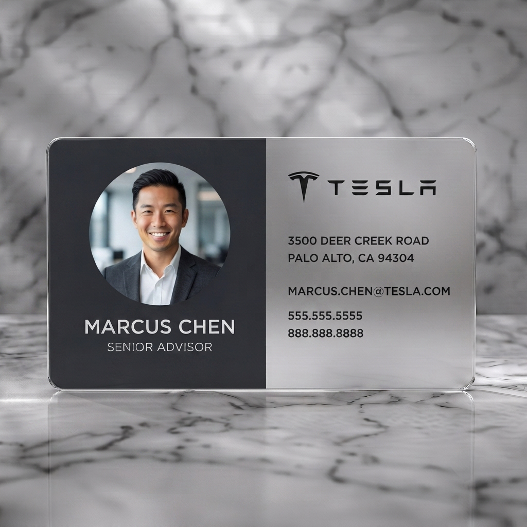 Frosted translucent plastic business card featuring modern two-tone design with Tesla logo, sans-serif text, and a prominent employee photo