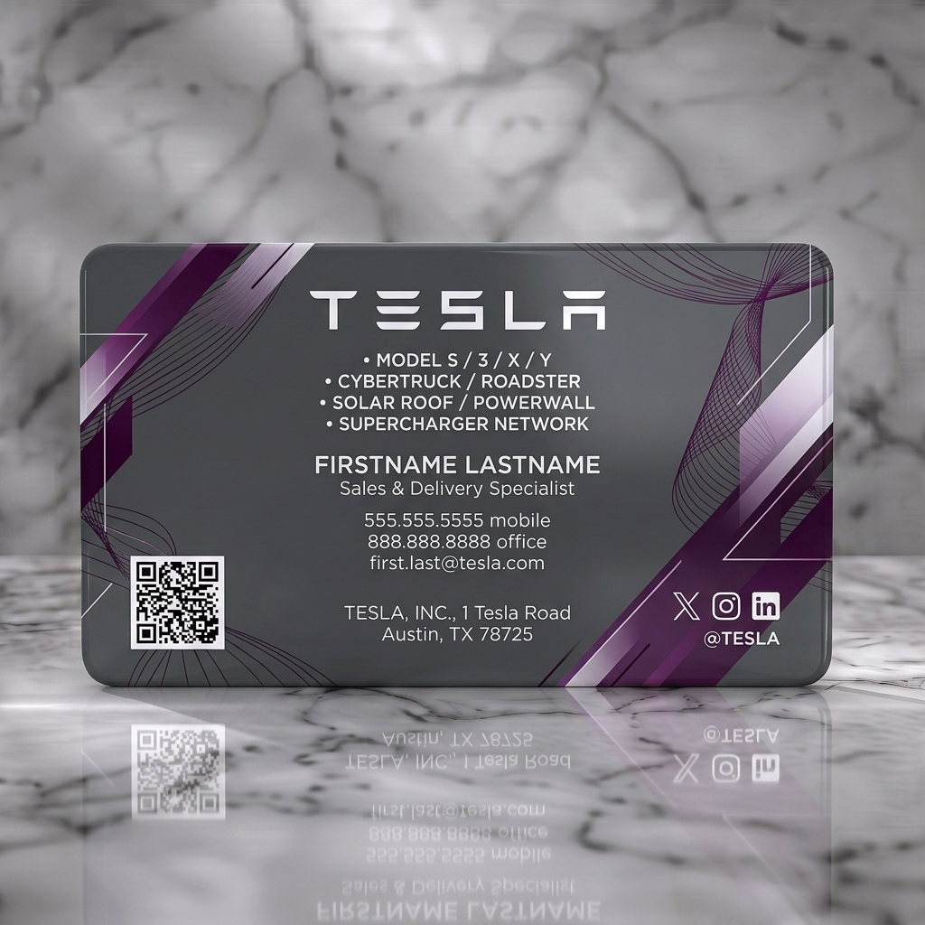 Solid white PVC business card featuring futuristic geometric graphics, crisp white Tesla branding, modern sans-serif typography, and key contact icons