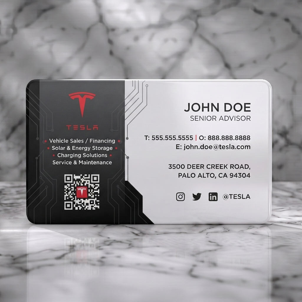 Solid white PVC business card featuring a modern black design with tech circuit patterns, red Tesla logo, clean white typography, and social icons