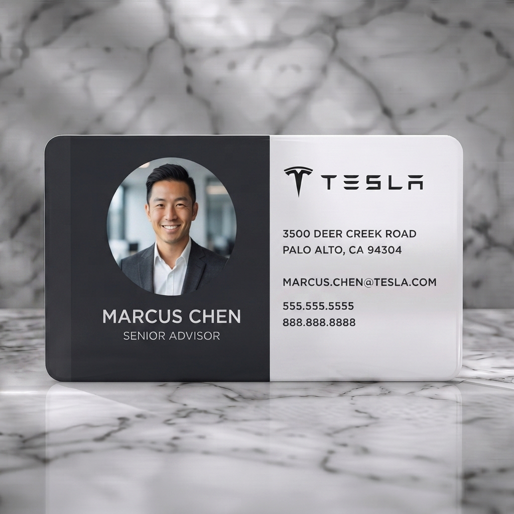 Solid white PVC business card featuring modern two-tone design with Tesla logo, sans-serif text, and a prominent employee photo