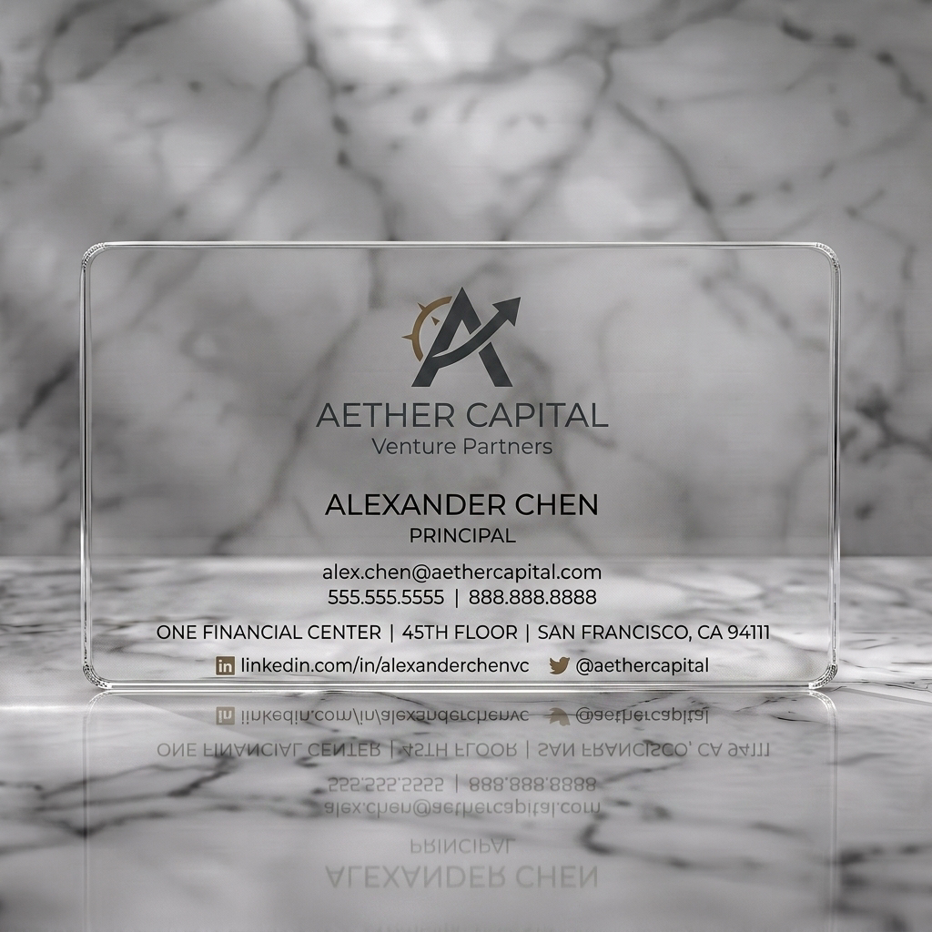 Clear plastic business card featuring minimalist design, charcoal and gold 'A' logo, clean sans-serif typography, essential social icons