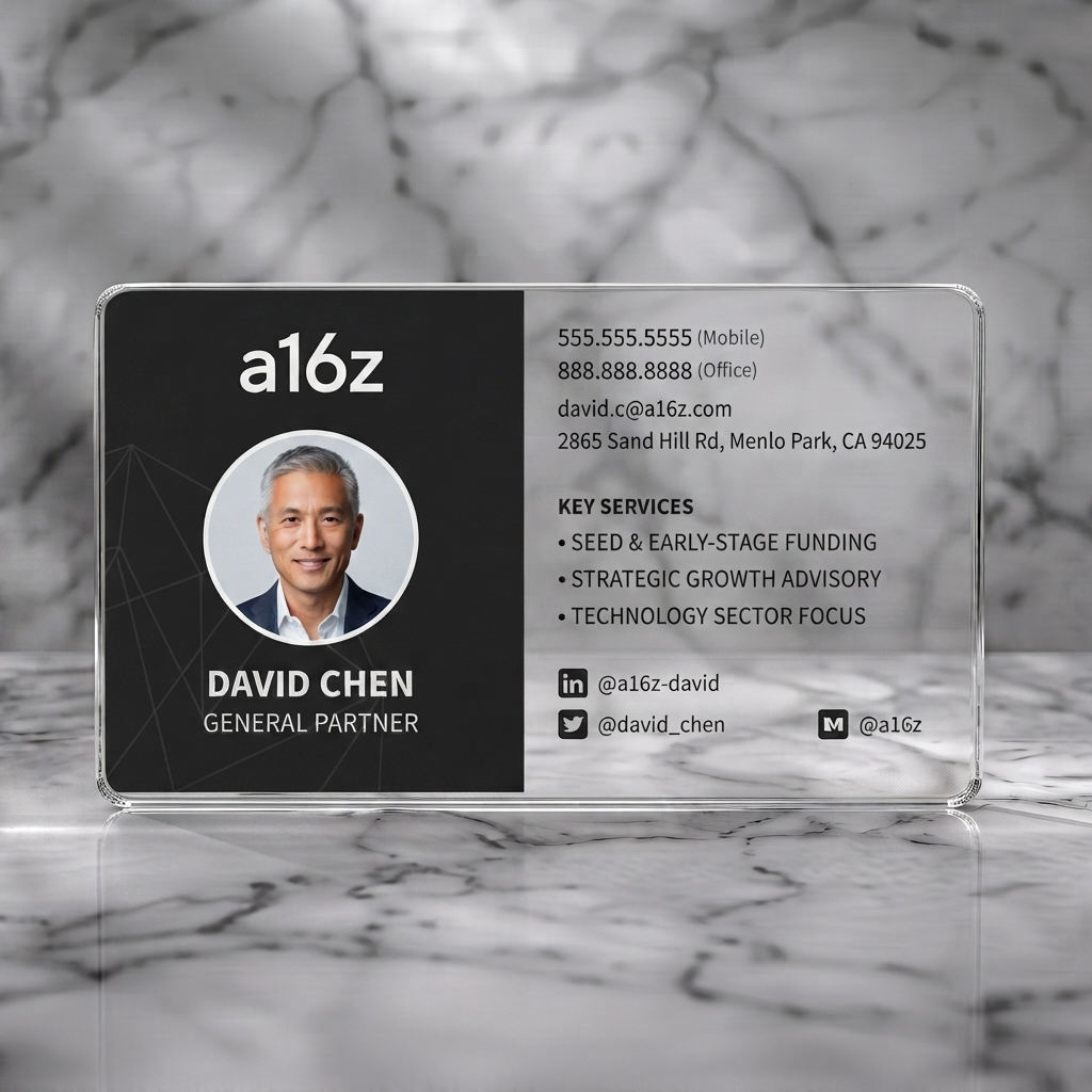 Clear plastic business card featuring a sophisticated black & white design, modern sans-serif font, circular portrait & social icons