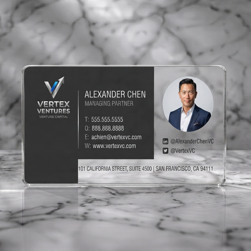 Clear plastic business card featuring sleek, two-tone design with a modern V-arrow logo, crisp sans-serif typography, and social media icons