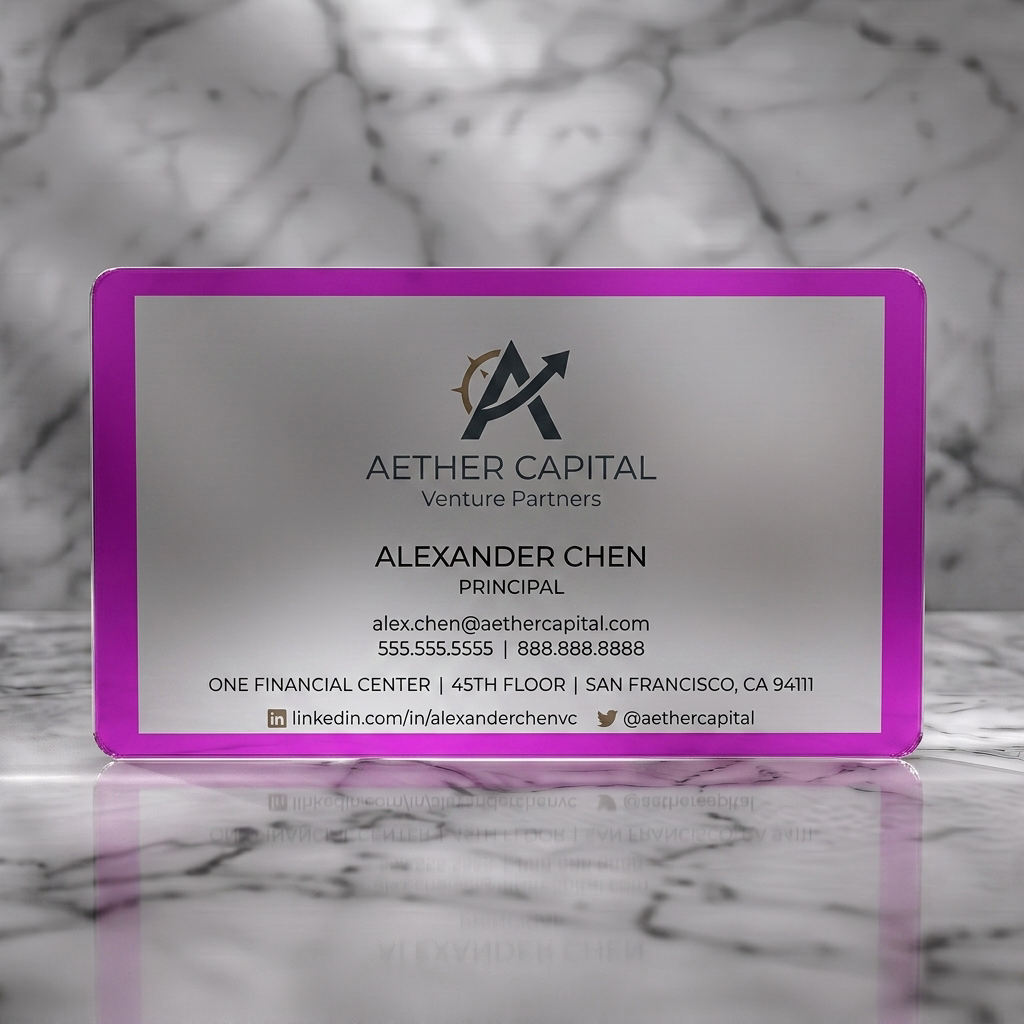 Frosted translucent plastic business card featuring minimalist design, charcoal and gold 'A' logo, clean sans-serif typography, essential social icons