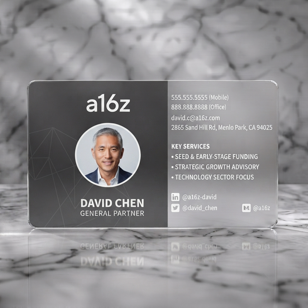 Frosted translucent plastic business card featuring a sophisticated black & white design, modern sans-serif font, circular portrait & social icons