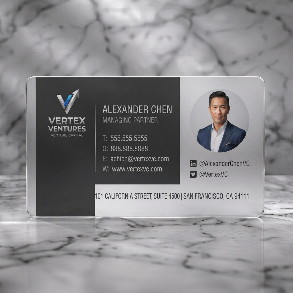 Frosted translucent plastic business card featuring sleek, two-tone design with a modern V-arrow logo, crisp sans-serif typography, and social media icons