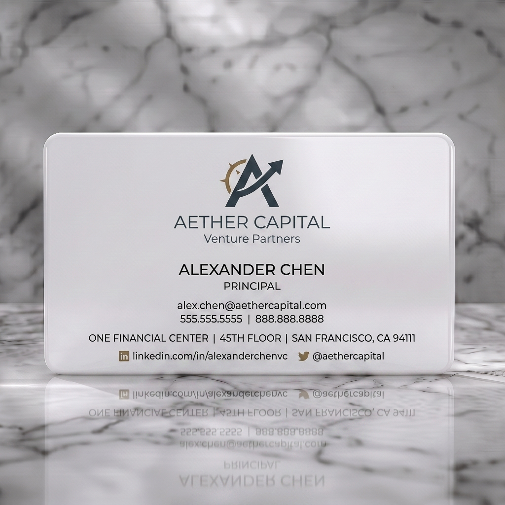 Solid white PVC business card featuring minimalist design, charcoal and gold 'A' logo, clean sans-serif typography, essential social icons