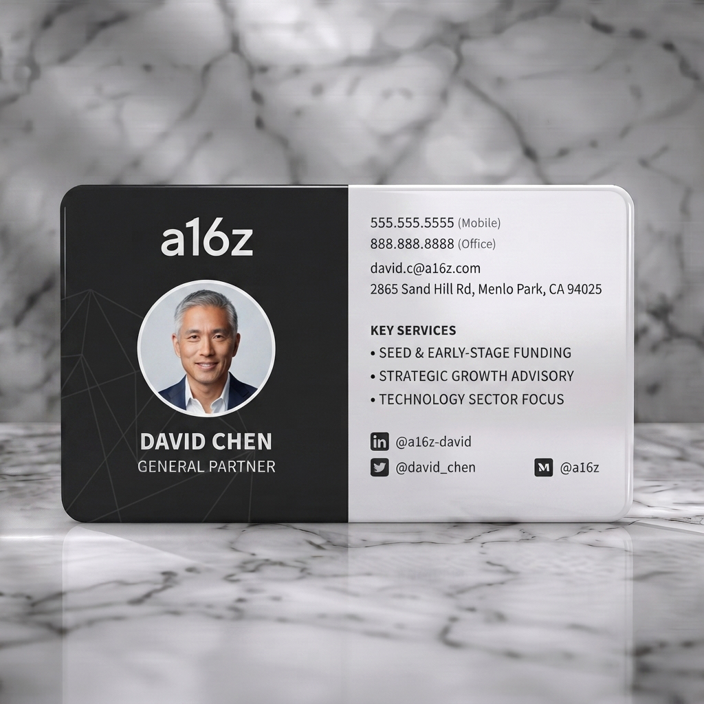 Solid white PVC business card featuring a sophisticated black & white design, modern sans-serif font, circular portrait & social icons