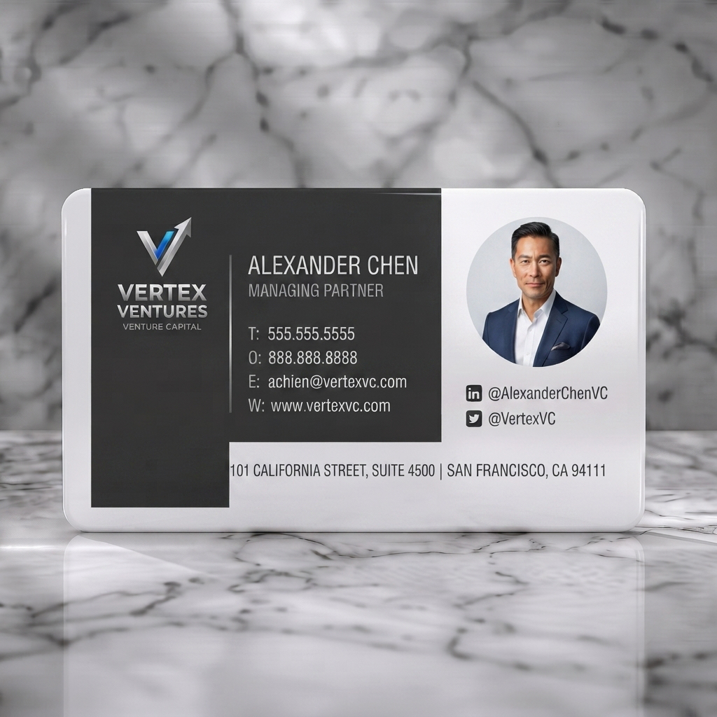 Solid white PVC business card featuring sleek, two-tone design with a modern V-arrow logo, crisp sans-serif typography, and social media icons