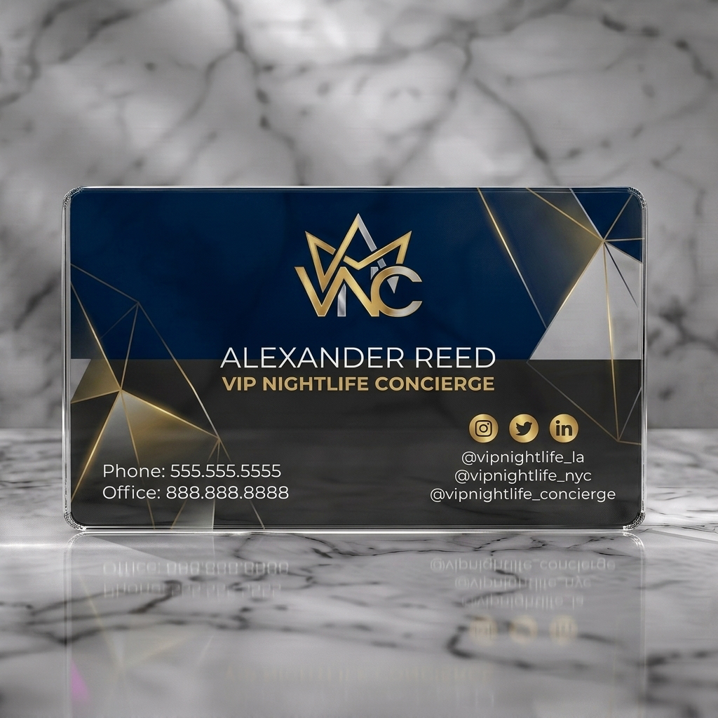 Clear plastic business card featuring a dark, luxurious geometric design with metallic gold accents, a VNC monogram, and modern typography