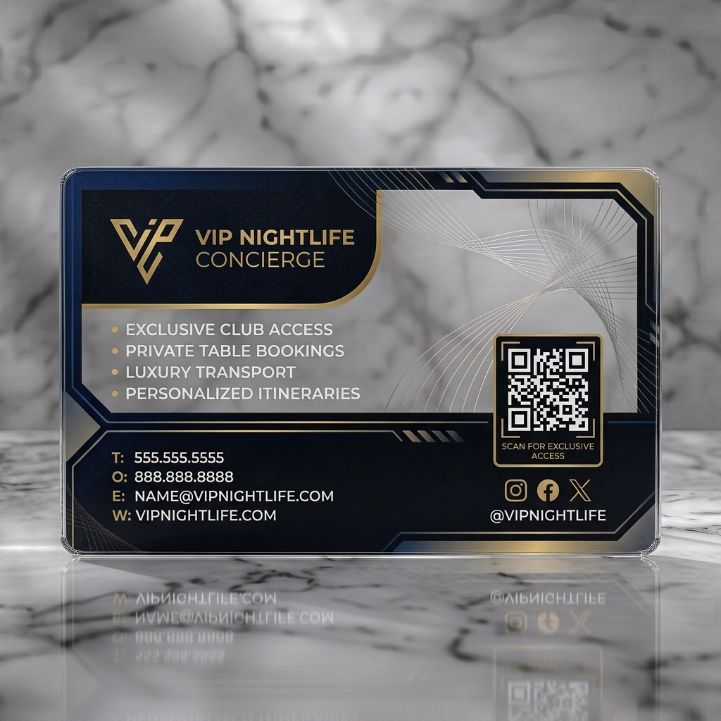 Clear plastic business card featuring a sleek dark design with gold accents, geometric lines, modern sans-serif fonts, and social icons