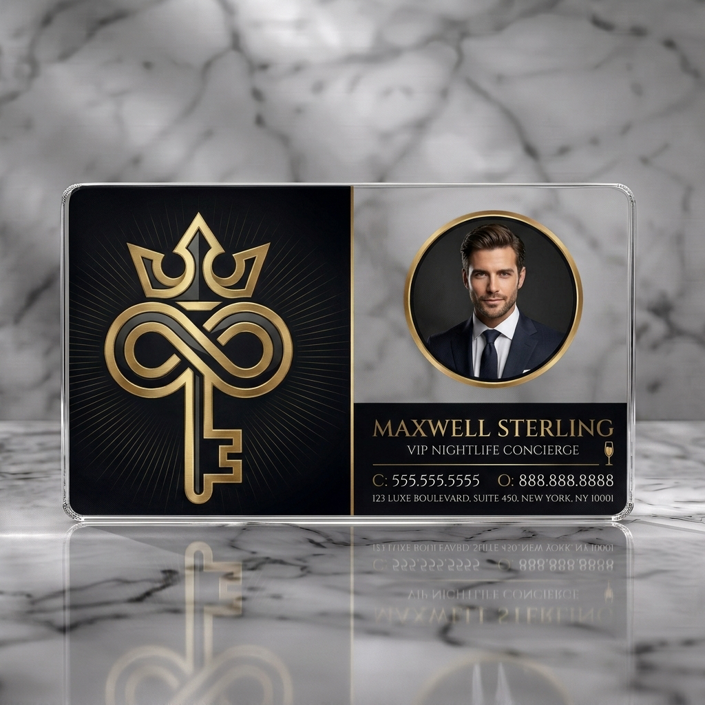 Clear plastic business card featuring an elegant black & gold design with a crown-key logo, serif typography, and profile photo